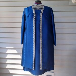 Royal Blue 2 Pc Custom Made With Silver Bead Trim Sheath Dress and Coat Set